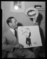 Cartoonist Sidney Smith with drawing of cartoon character Andy Gump, Los Angeles, 1934