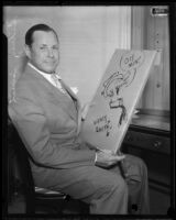 Cartoonist Sidney Smith with drawing of cartoon character Andy Gump, Los Angeles, 1932