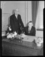 John Marshall High School principal Joseph M. Sniffen and student body president Ford S. Dixon, acting as principal, Los Angeles, 1933