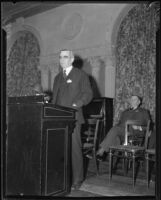 Southern Pacific Railroad president Paul Shoup speaking, 1930