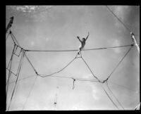 "Circus Maximus" circus performer in mid-air on high wire or trapeze, Los Angeles, 1929