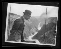 Crown Prince Gustav Adolf of Sweden looking down into the Grand Canyon of the Yellowstone, Wyoming, 1926