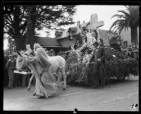 "Rock of Ages" float drawn by donkeys in the Tournament of Roses Parade, 1926