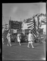 Banner announcing the Girls Band of Taft Union High School in the Tournament of Roses Parade, Pasadena, 1930