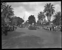 Float with waving rider on Orange Grove Blvd. in the Tournament of Roses Parade, Pasadena, 1932