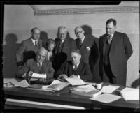 Los Angeles County Board of Supervisors signing contract for San Gabriel Dam construction, Los Angeles, 1933