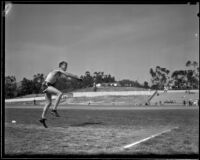 Olympic Club track athlete throwing a javelin, Los Angeles, 1932