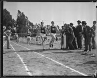 Dave Foore and Dick Wehner, USC track athletes, at an Olympic Club track meet, Los Angeles, 1932