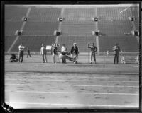 Curtis McFadden broad jumps during the S.C. and Stanford dual track meet, Los Angeles, 1934