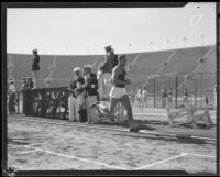 Estel Johnson crosses the finish line in the 880-yard race during the S.C. and Stanford dual track meet, Los Angeles, 1934