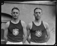 Two USC track team athletes on campus, Los Angeles, 1925