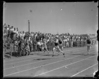 U.C.L.A athletes run on the track on campus, Los Angeles, 1932