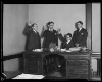 Raymond I. Turney swears in S. S. Attorneys J. Edwin Simpson and A. D. Orme as David A. Cannon watches, Los Angeles, 1929