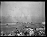 Formation flying during U.S. Army maneuvers airshow at United Airport in Burbank, 1930.