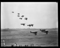 U.S. Army biplanes conducting maneuvers at United Airport, Burbank, 1930