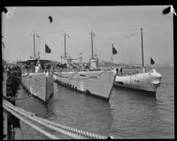 Three Navy submarines on display to the public at the Port of Los Angeles, San Pedro, 1932