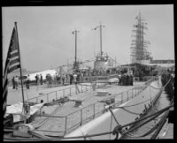 Backside view of the USS Narwhal and the USS Nautilus on display to the public, San Pedro, 1932