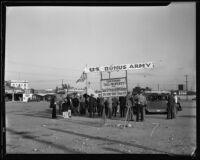 World War I veterans gather at a Bonus Army temporary headquarters, Los Angeles, circa 1932