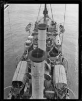 Bird's eye view of the deck of the Navy cruiser the USS Baltimore during training exercises, San Pedro, 1920-1921