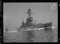 Three U.S. Navy battleships in formation, California