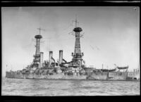 Port side view of the USS Connecticut, a World War I era US Navy battleship, 1920-1922