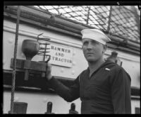 Navy sailor B. E. Blanchard aboard the USF Constitution, San Pedro, 1933