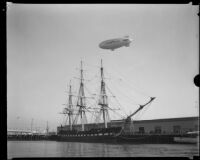 Goodyear Blimp passes over the USF Constitution, San Pedro, 1933