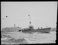 Coast Guard cutter Tingard steams through the water, San Pedro Bay, 1920-1937