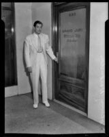 Actor John Warburton following Grand Jury testimony, Los Angeles, 1933