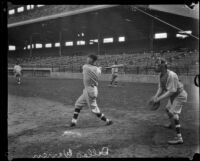 Dallas Warren, catcher for the Los Angeles Angels, warms up at Wrigley Field, Los Angeles, 1929