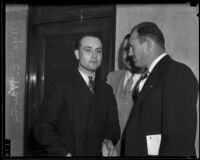 Wyatt E. Wayne, accused of raping and beating a woman, with 2 men in a courthouse, Los Angeles, 1935