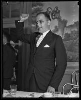 E. Richard West, president of the Junior Chamber of Commerce, speaks at a meeting, probably at the Biltmore Los Angeles, 1934