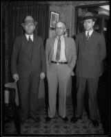 Ontario Provincial Police Inspector H.K. Gardner, murder suspect Harold W. Vermilyea, and Belleville Police Department Detective Sergeant Frederick Isard, [Los Angeles?], 1934