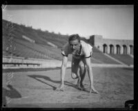 German track star Otto Peltzer practices starts at the Los Angeles Memorial Coliseum, 1928