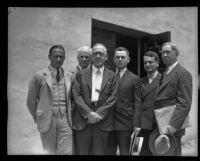 Professor H. C. Willett, Dr. Robert A. Millikan, Dr. Willis Gregg, Lieut. T. J. O'Brien, Dr. Theodore Von Karman, and Capt. A. H. Thiessen gather at conference, Pasadena, 1934