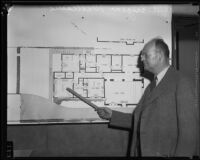 Eugene Williams, Deputy District Attorney, pointing to floorplan of 10587 Holman Avenue during Louis Payne trial, Los Angeles, 1934