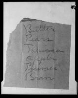 Grocery list related to Lorraine Wiseman, witness in the Aimee Semple Mcpherson kidnapping case, 1926