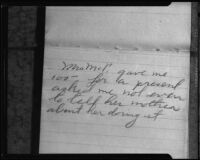 Page in the red notebook of Lorraine Wiseman, witness in the Aimee Semple Mcpherson kidnapping case, 1926