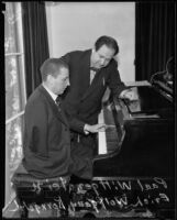 Paul Wittgenstein plays piano with left hand for composer Erich Wolfgang Korngold, Los Angeles, 1934