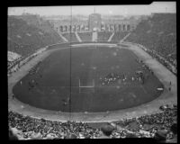 Bird's-eye view of the USC and Stanford football game at the Coliseum, Los Angeles, 1931