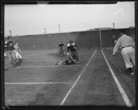 Loyola Lion runs up the sideline during a football game against the San Francisco University Dons, Los Angeles, 1932