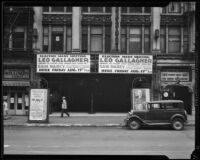 Posters advertise for a political meeting featuring Leo Gallagher and Sam Darcy, Los Angeles vicinity, circa 1934