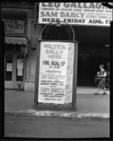 Poster advertises for a political meeting featuring Leo Gallagher and Sam Darcy, Los Angeles vicinity, circa 1934