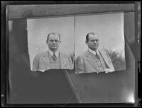 Two photographic prints of William F. Gettle hang from a piece of lumber, [Beverly Hills?], about 1934
