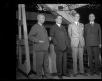 Senators Millard E. Tydings, W. G. McAdoo, Ernest W. Gibson, and Kenneth Douglas McKellar on the deck of the SS Monterey, Honolulu, 1934