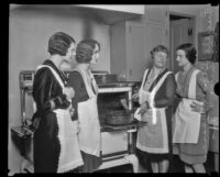 Domestic science class with Barbara Leonard, Doris Brownlee, instructor Lucille Webster Gleason, and Eugenia Cuyler, Los Angeles, 1928