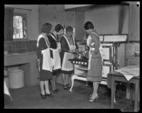 A domestic science class with Barbara Leonard, Doris Brownlee, instructor Lucille Webster Gleason, and Eugenia Cuyler, Los Angeles, 1928