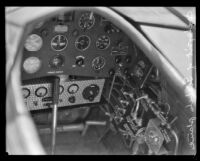 Cockpit of Art Goebel's monoplane, probably at Mines Field, Los Angeles, 1928