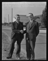 Mayors Charles A. Hale and Scott R. Ludlow shake hands, Los Angeles, 1935