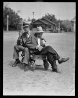 Fullerton mayor W.L. Hale presents "Uncle Willie" with new wagon, Fullerton, 1934